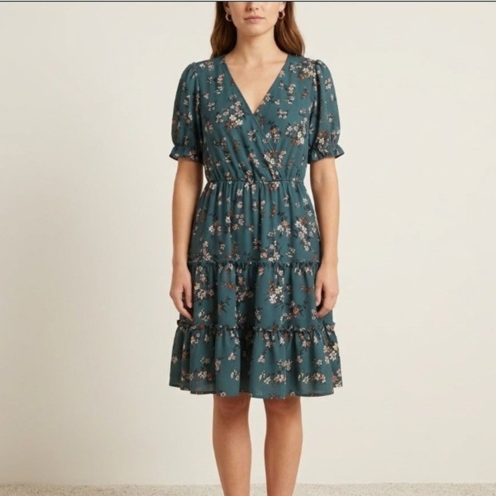 Inspired Hearts Floral Mini Dress Womens Large Teal Tiered Ruffle Boho Sundress